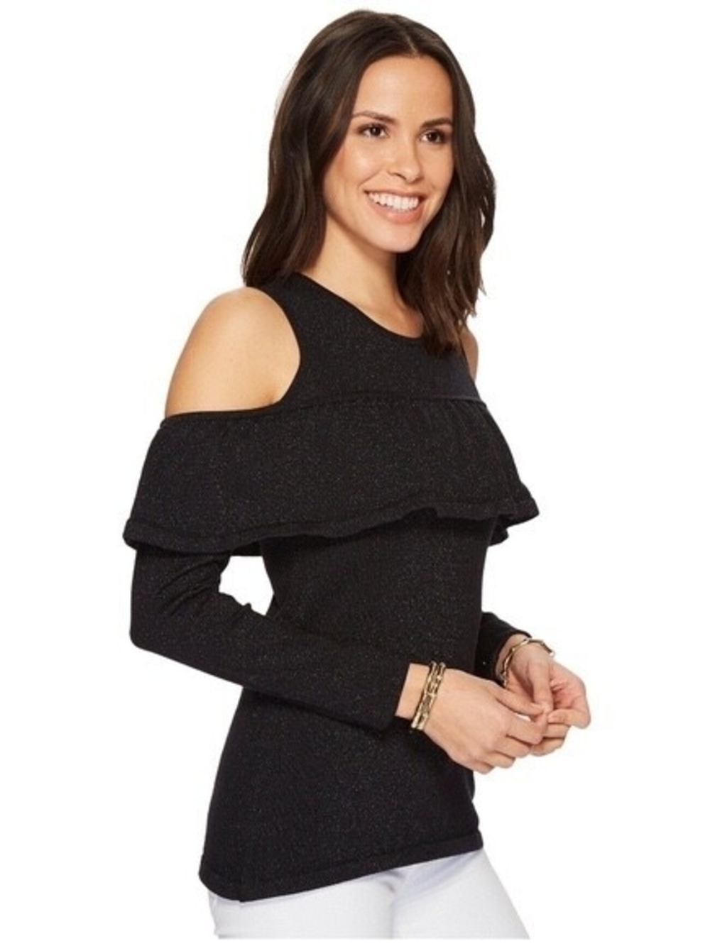 Lilly Pulitzer Burke Sweater Cold Shoulder Ruffle Onyx Metallic Black Size S